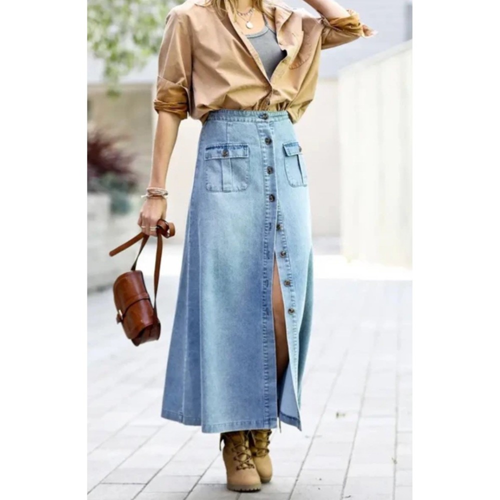 Mazik Womens Small Light Wash Denim Maxi Skirt Button Front A‎ Line Pockets EUC